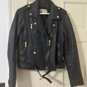 Michael Kors Navy Leather Moto Jacket - Size Large